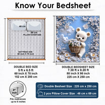 Story@Home Treedee 240 TC Blue & White Double Size Teddy Bear Bedsheet With 2 Pillow Cover