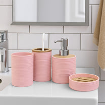 Story@Home Peach 4 Pcs Bamboo Bathroom Accessories Set - Toothbrush Holder, Soap Dispenser, Tumbler and Soap Dish
