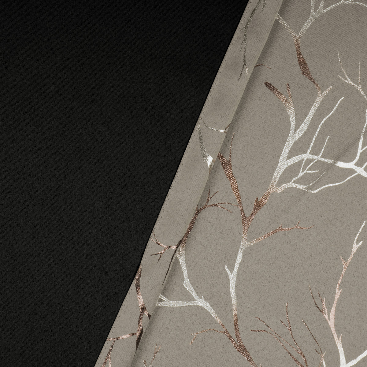 Two-piece blackout curtains with ivory fabric and copper foil branch pattern, shown folded with black backing visible