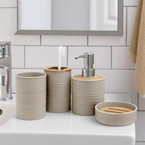 Story@Home Brown 4 Pcs Bamboo Bathroom Accessories Set - Toothbrush Holder, Soap Dispenser, Tumbler and Soap Dish