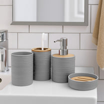 Story@Home Grey 4 Pcs Bamboo Bathroom Accessories Set - Toothbrush Holder, Soap Dispenser, Tumbler and Soap Dish