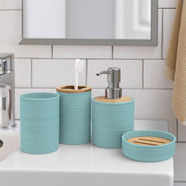Story@Home Teal 4 Pcs Bamboo Bathroom Accessories Set - Toothbrush Holder, Soap Dispenser, Tumbler and Soap Dish