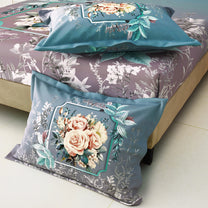 Story@home 240 TC Talespun Gold Microfiber Blue & Grey King Size Floral Bedsheet with 2 Pillow Covers