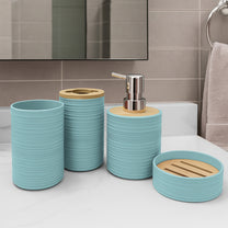 Story@Home Teal 4 Pcs Bamboo Bathroom Accessories Set - Toothbrush Holder, Soap Dispenser, Tumbler and Soap Dish