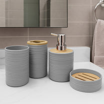 Story@Home Grey 4 Pcs Bamboo Bathroom Accessories Set - Toothbrush Holder, Soap Dispenser, Tumbler and Soap Dish