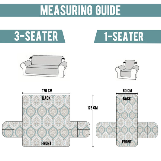 Sofa Throw Cover Combo – 2 Pcs 1 Seater and 1 Pc 3 Seater Ivory & Ocean Green Motif & Paisley Pattern with Pocket by Story@Home