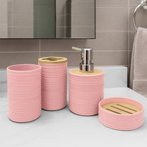 Story@Home Peach 4 Pcs Bamboo Bathroom Accessories Set - Toothbrush Holder, Soap Dispenser, Tumbler and Soap Dish