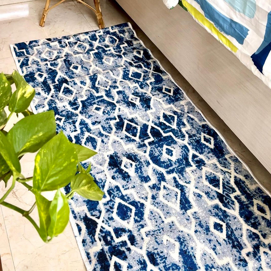 A patterned blue and white rug on a floor with a green plant's leaves at the corner.