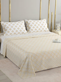 Bliss 400 TC Cotton Sateen King Bedsheet – Beige & White on a king bed