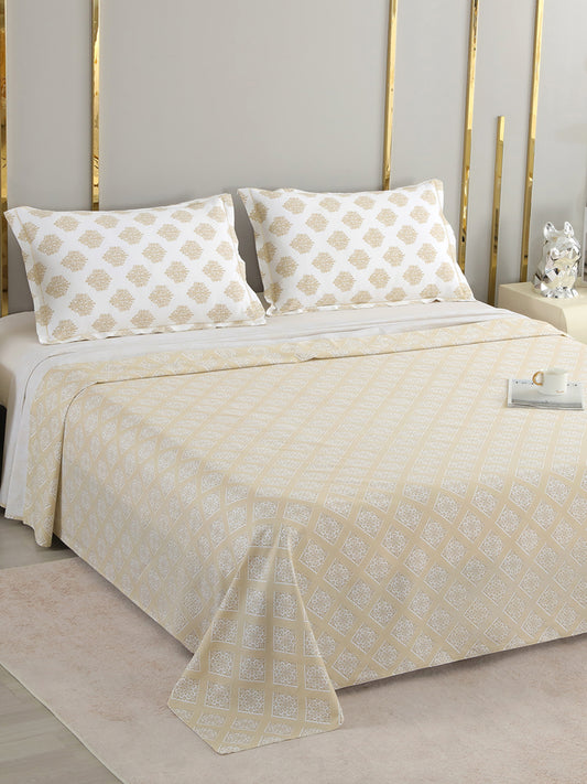 Bliss 400 TC Cotton Sateen King Bedsheet – Beige & White on a king bed