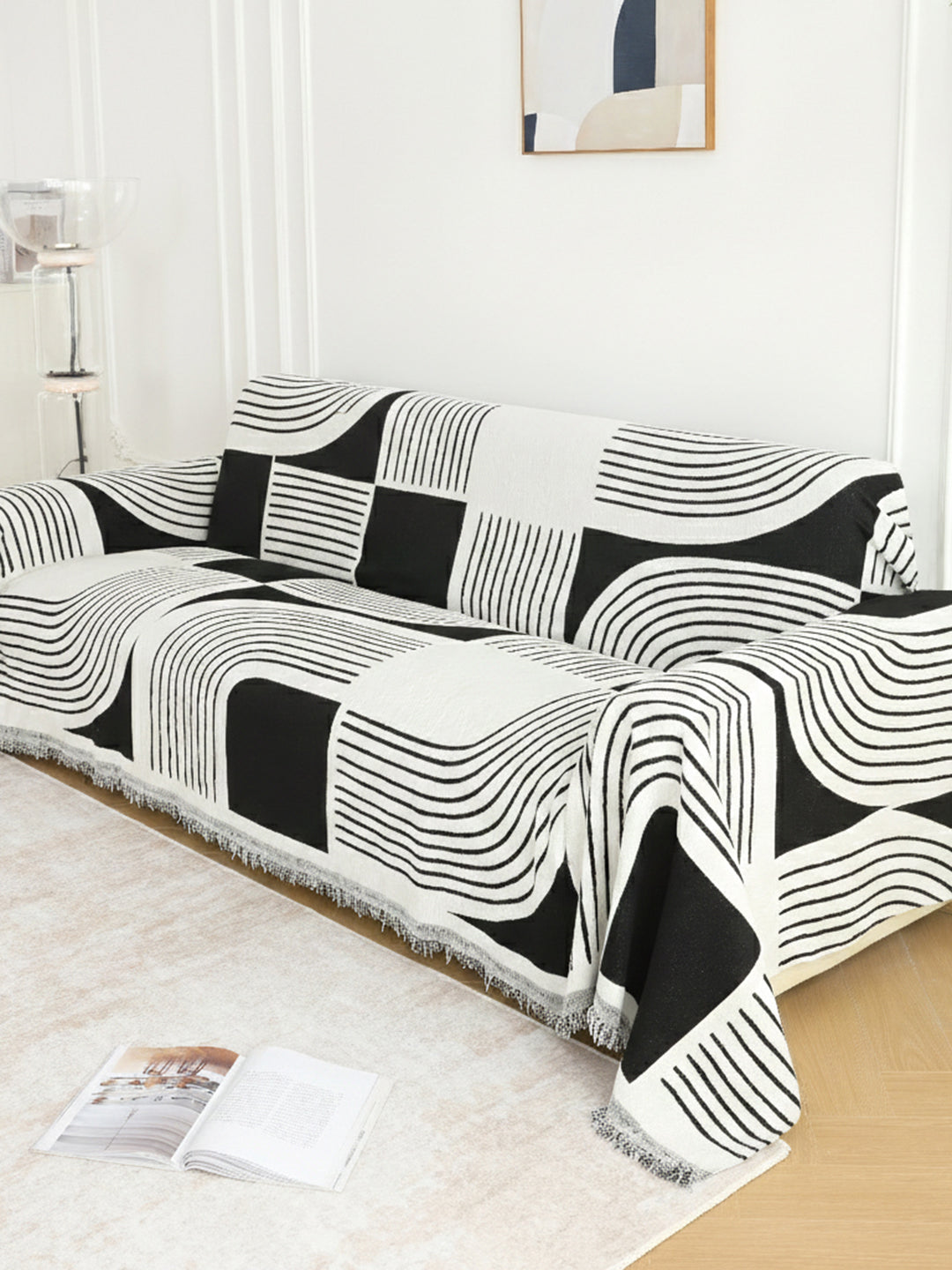 Black & White Geometric sofa throw styled in a living room