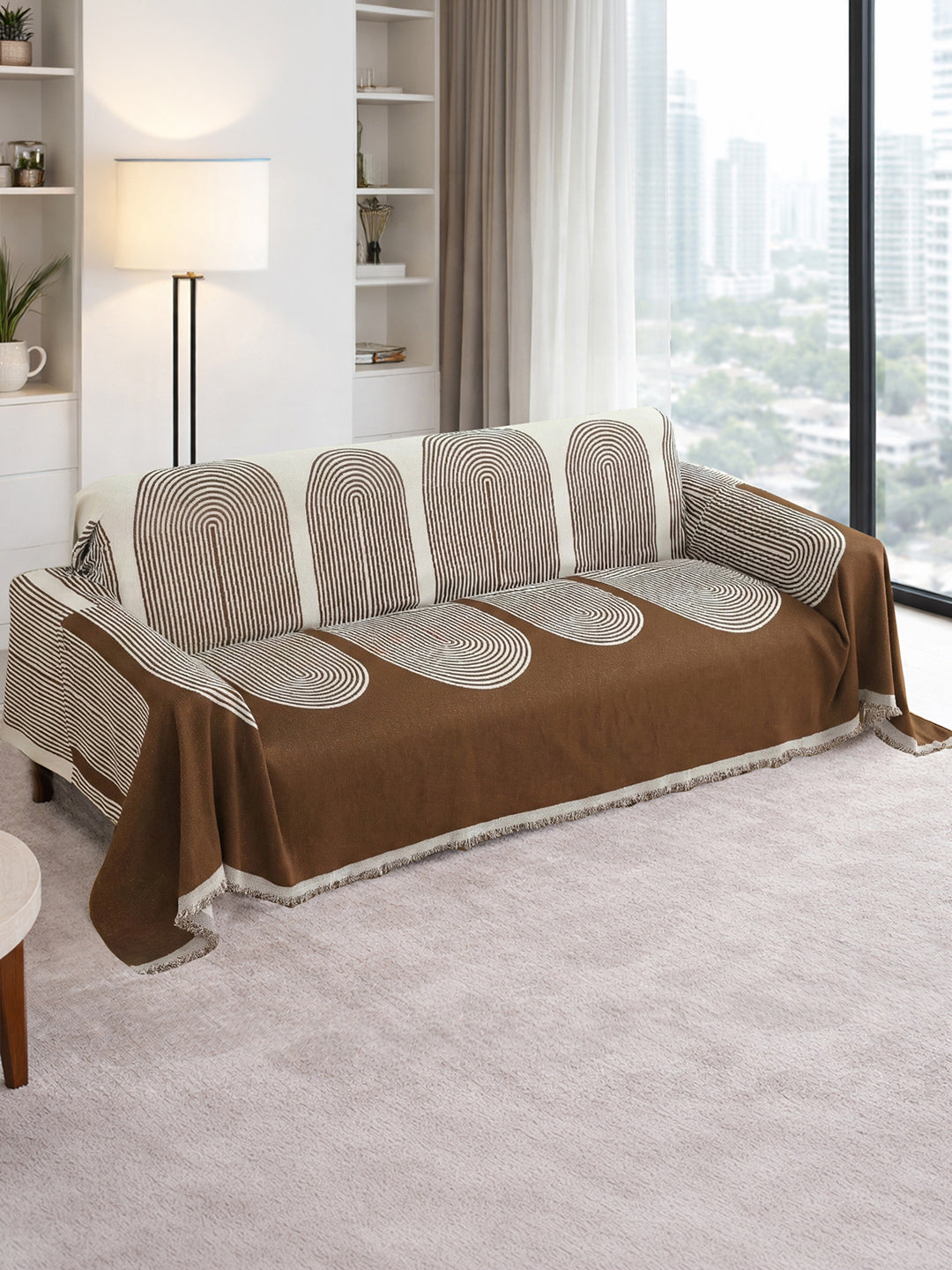 Brown Arch Geometric chenille sofa throw cover on a 3 seater sofa