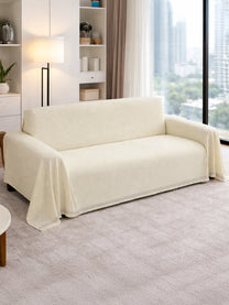 Cream Solid chenille sofa throw cover on a 3 seater sofa