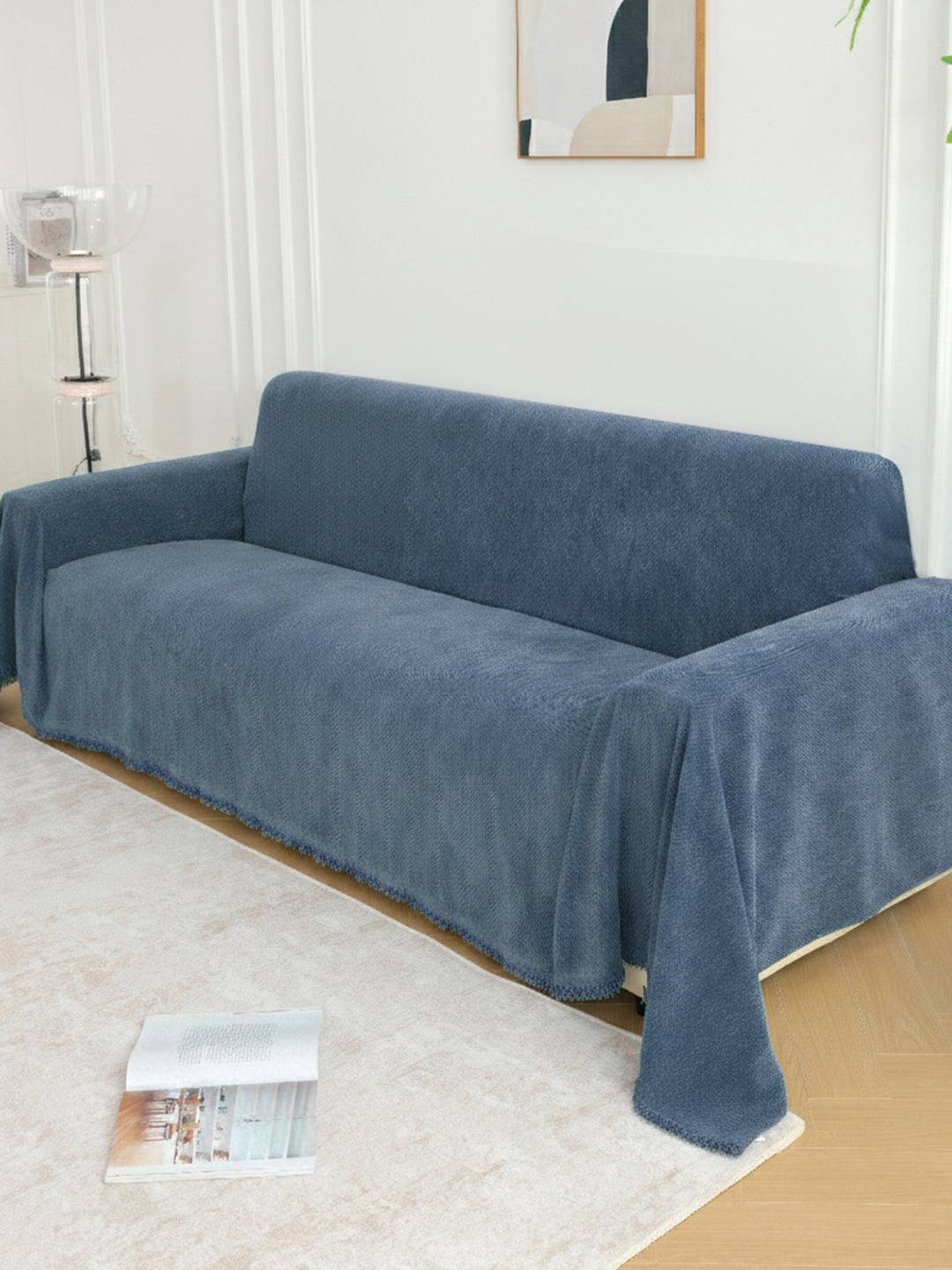 Denim Blue Solid sofa throw styled in a living room