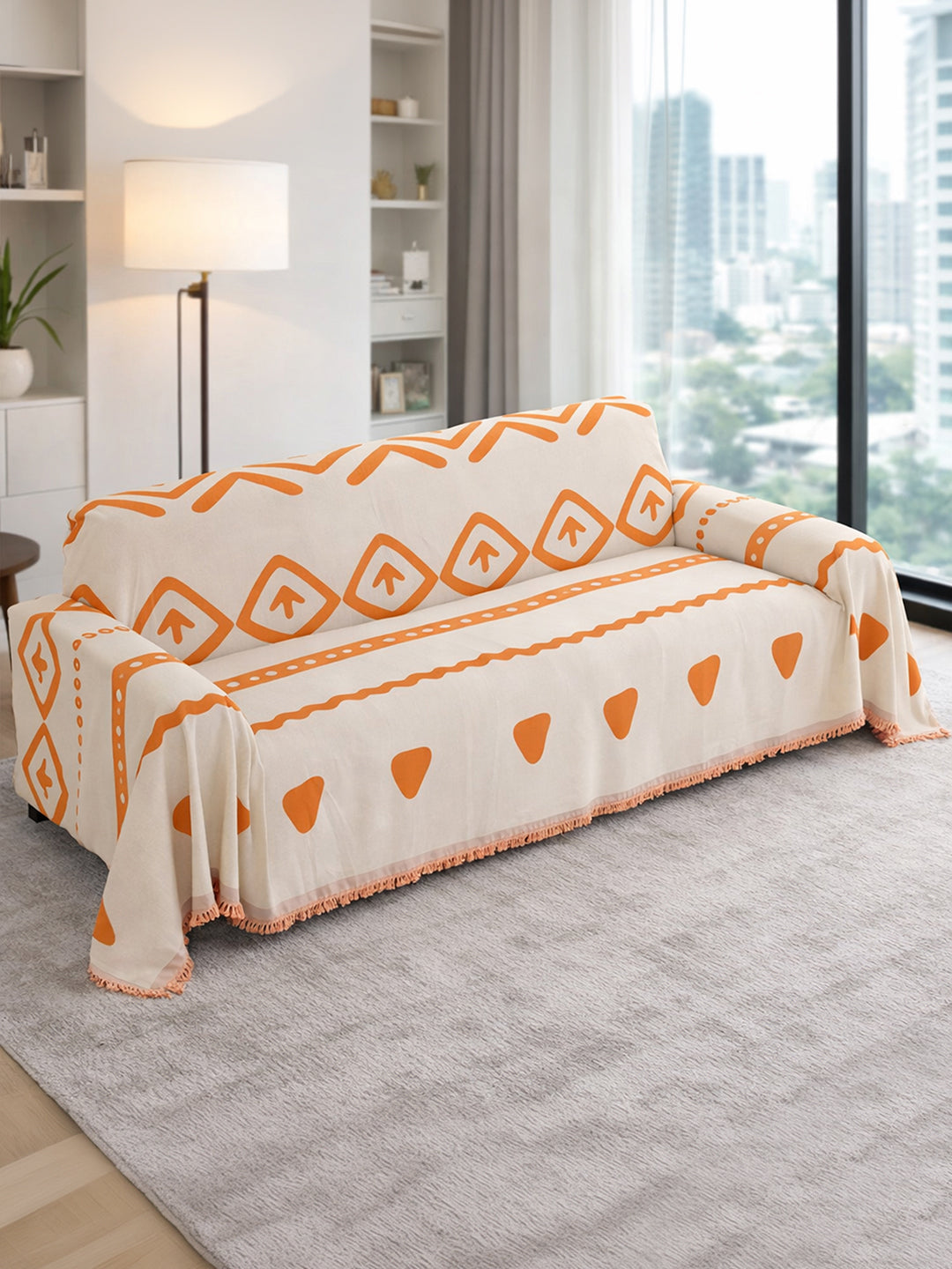 Orange Geometric chenille sofa throw cover on a 3 seater sofa