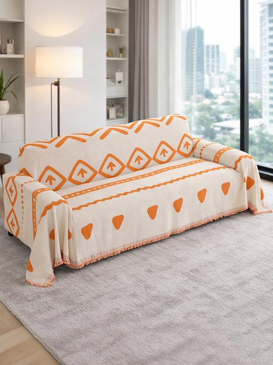 Orange Geometric chenille sofa throw cover on a 3 seater sofa