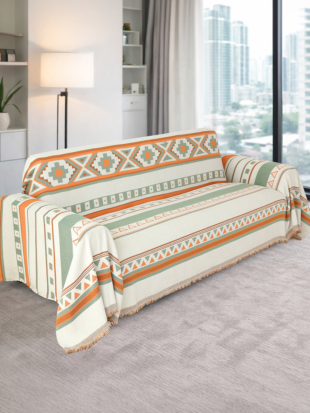 Orange & Sage Aztec chenille sofa throw cover on a 3 seater sofa