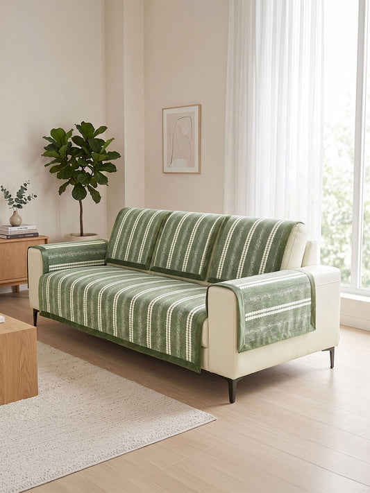 Green & White Stripe sofa mat set on a 3 seater sofa