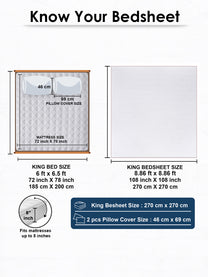 Size guide: 108 x 108 in king bedsheet and 18 x 27 in pillow covers