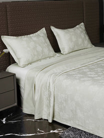 Heritage Sage Green bedsheet, side view with pillow covers