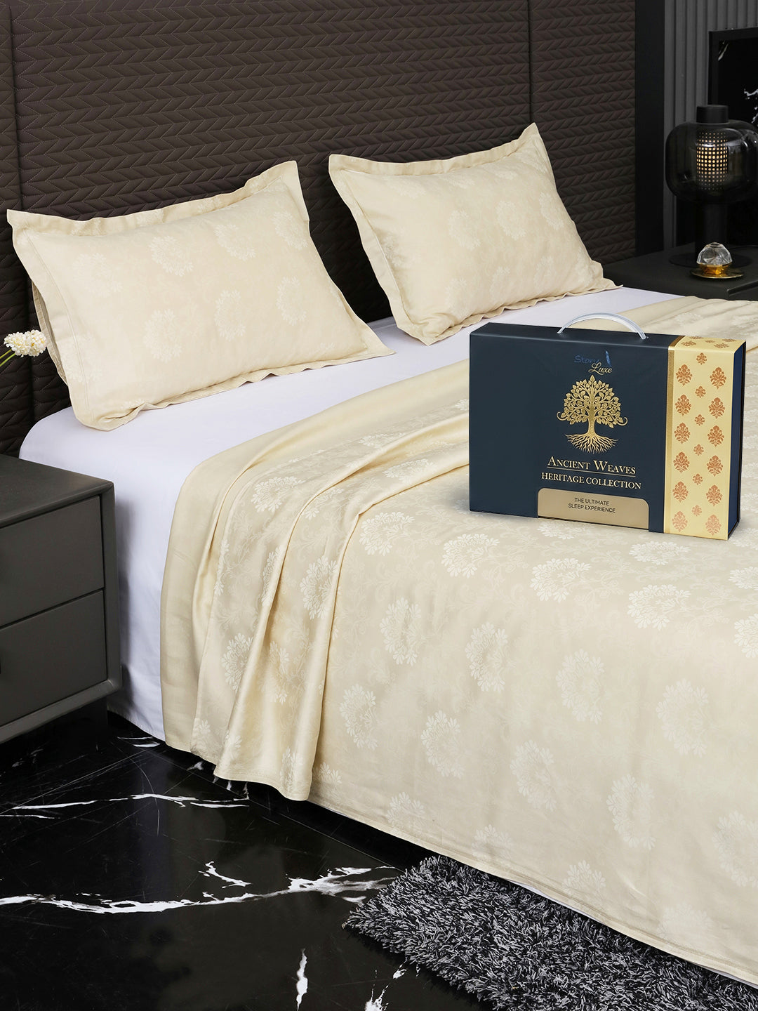 Bedsheet on bed with Ancient Weaves gift box