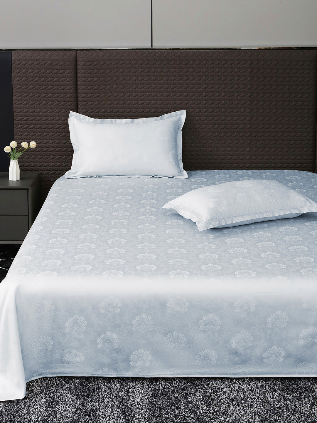 Heritage 500 TC Cotton Jacquard King Bedsheet – Sky Blue on a king bed