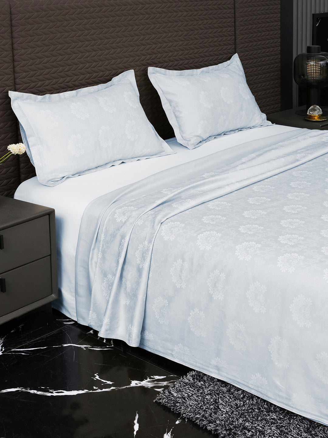 Heritage Sky Blue bedsheet, side view with pillow covers