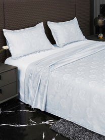 Heritage Sky Blue bedsheet, side view with pillow covers