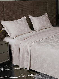 Heritage Taupe bedsheet, side view with pillow covers