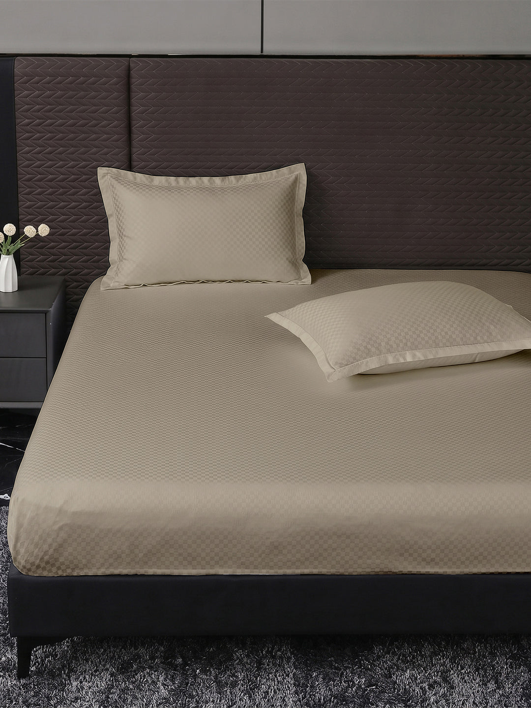 Heritage 500 TC Cotton King Fitted Bedsheet – Beige on a king bed