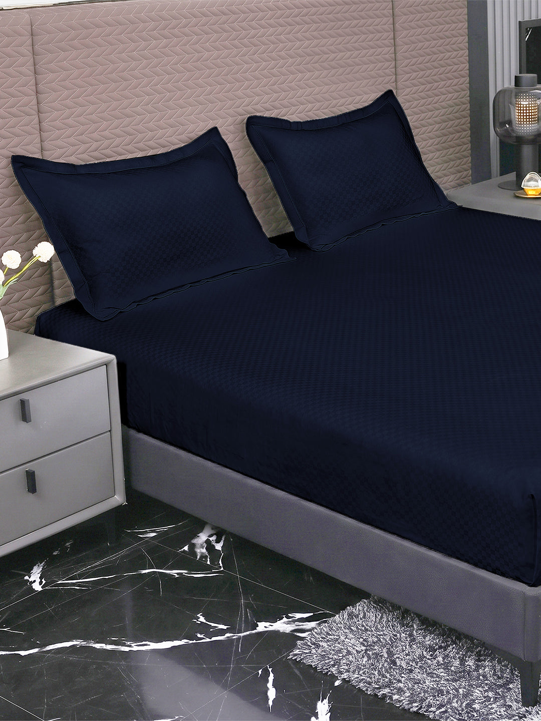Heritage Navy Blue fitted sheet, side view