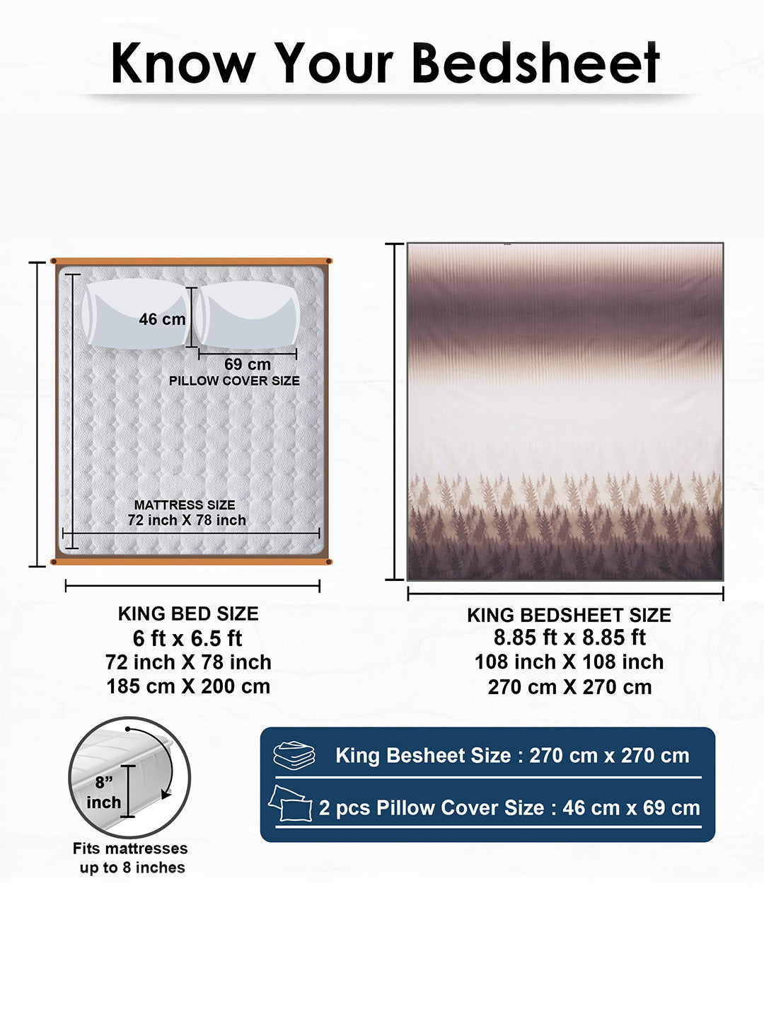 Size guide: 108 x 108 in king bedsheet and 18 x 27 in pillow covers