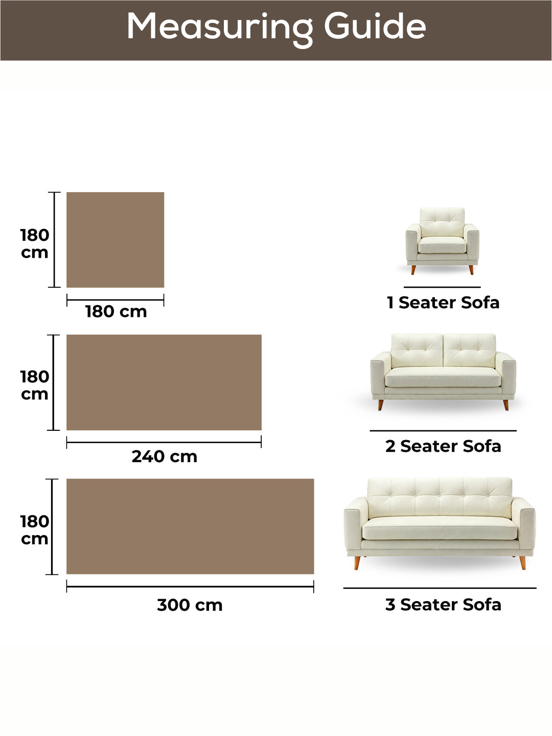 Measuring guide: 180 × 180, 240 and 300 cm