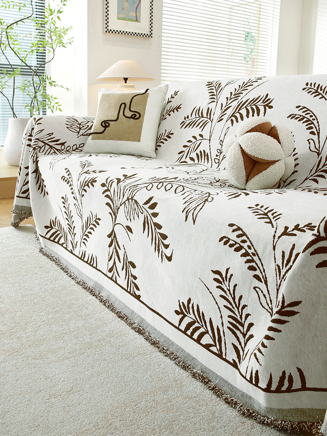 Ivory & Brown Leaf premium chenille sofa throw on a 3 seater sofa
