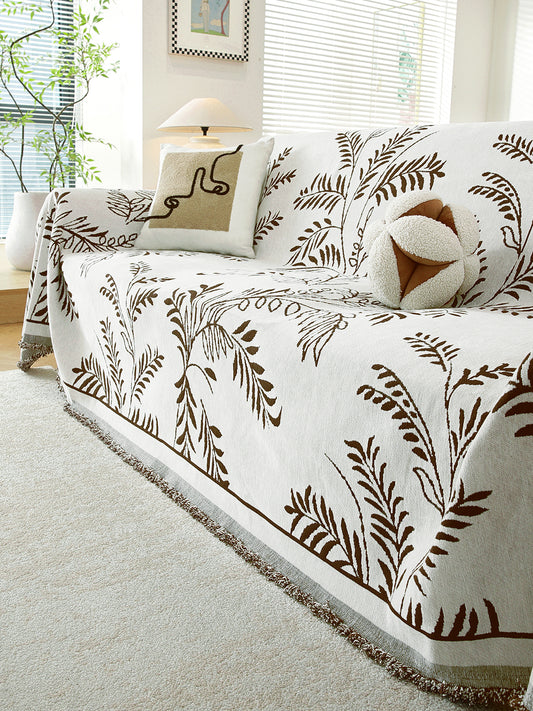Ivory & Brown Leaf premium chenille sofa throw on a 3 seater sofa