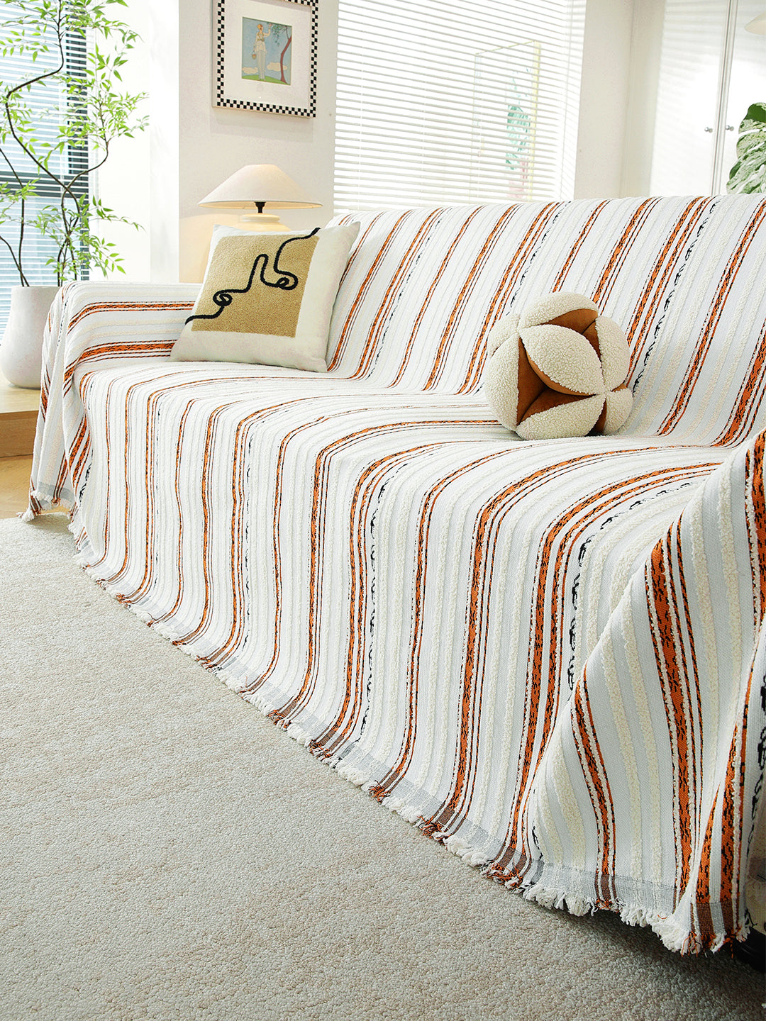Rust & White Stripe premium chenille sofa throw on a 3 seater sofa