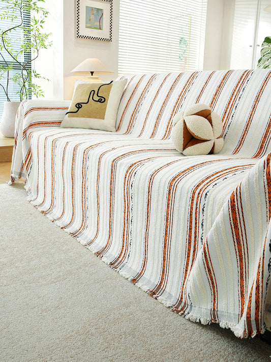 Rust & White Stripe premium chenille sofa throw on a 3 seater sofa