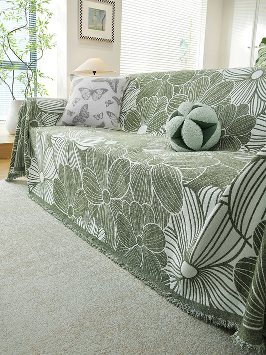 Sage Green Floral premium chenille sofa throw on a 3 seater sofa