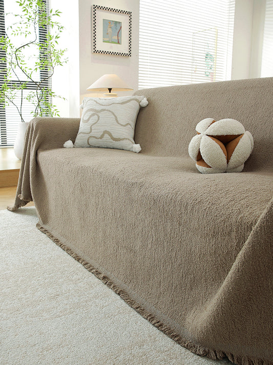 Taupe Solid premium chenille sofa throw on a 3 seater sofa