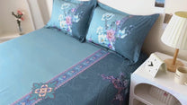 Story@home 300 TC Talespun Microfiber Mint Green & Navy Blue King Size Floral Bedsheet with 2 Pillow Covers