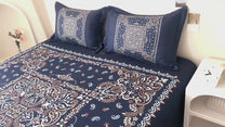 Story@home 300 TC Talespun Microfiber Dark Blue & Beige King Size Ethnic Bedsheet with 2 Pillow Covers