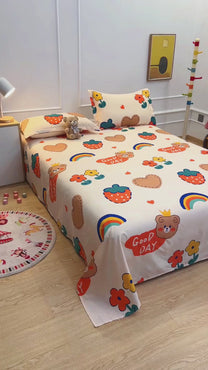 Arena Kids 180 TC Cream & Orange Double Size Bedsheet With 2 Pillow Cover