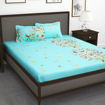 210 TC Turquoise Floral 1 King Size Bedsheet With 2 Pillow Cover