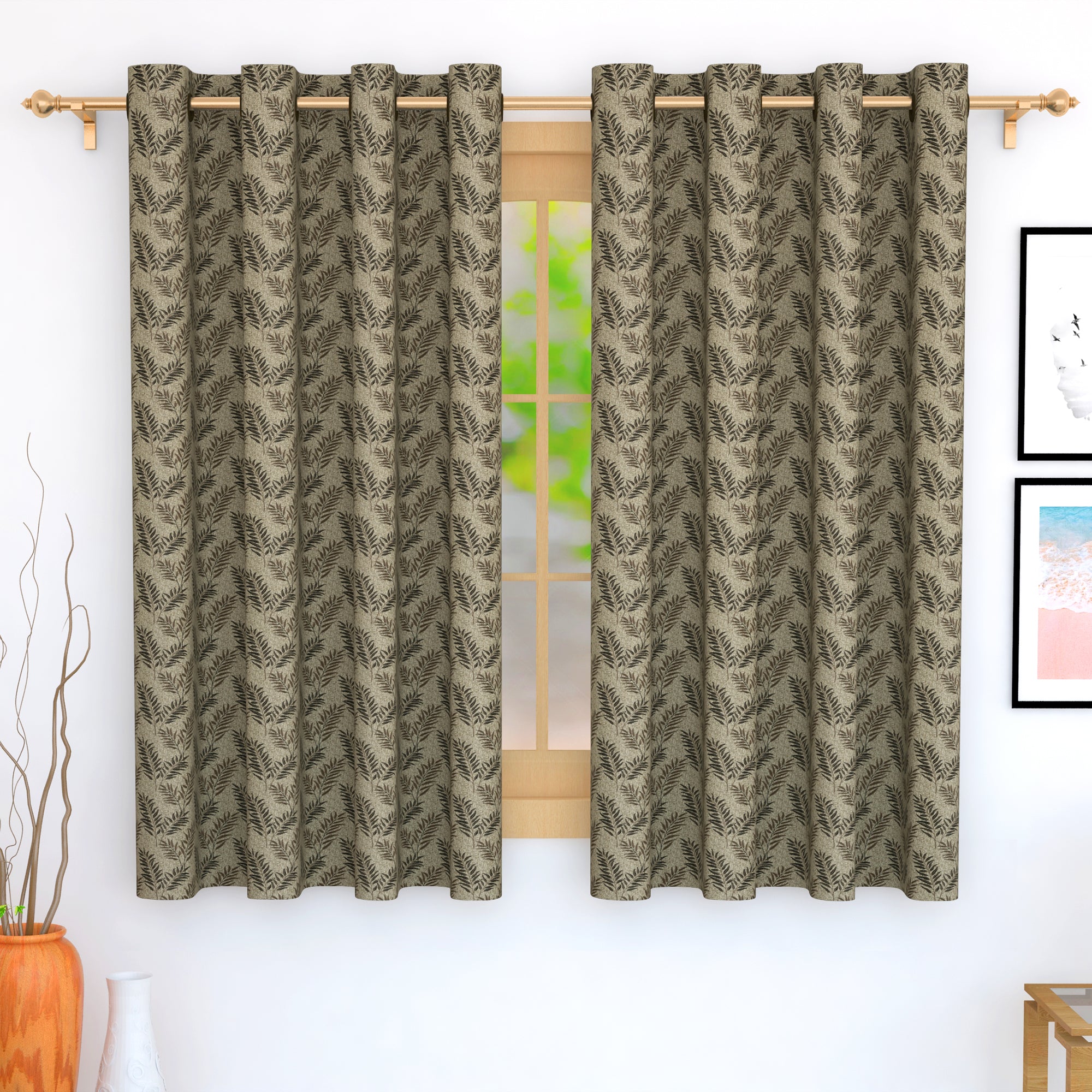 2 Pcs 400GSM Brown Azurio Jacquard Polyester Window/Door/Long Door Curtains