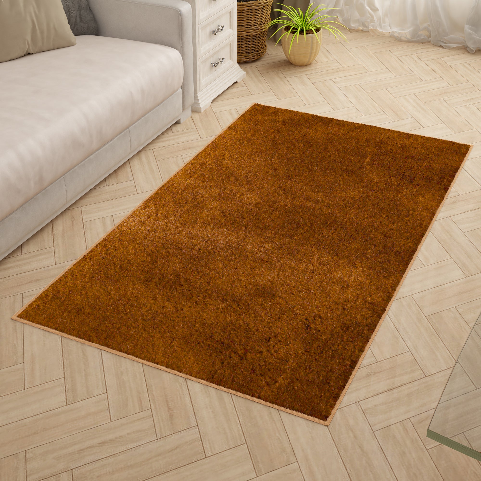 Solid Pattern Brownish Orange Carpet for Living Room & Bedroom