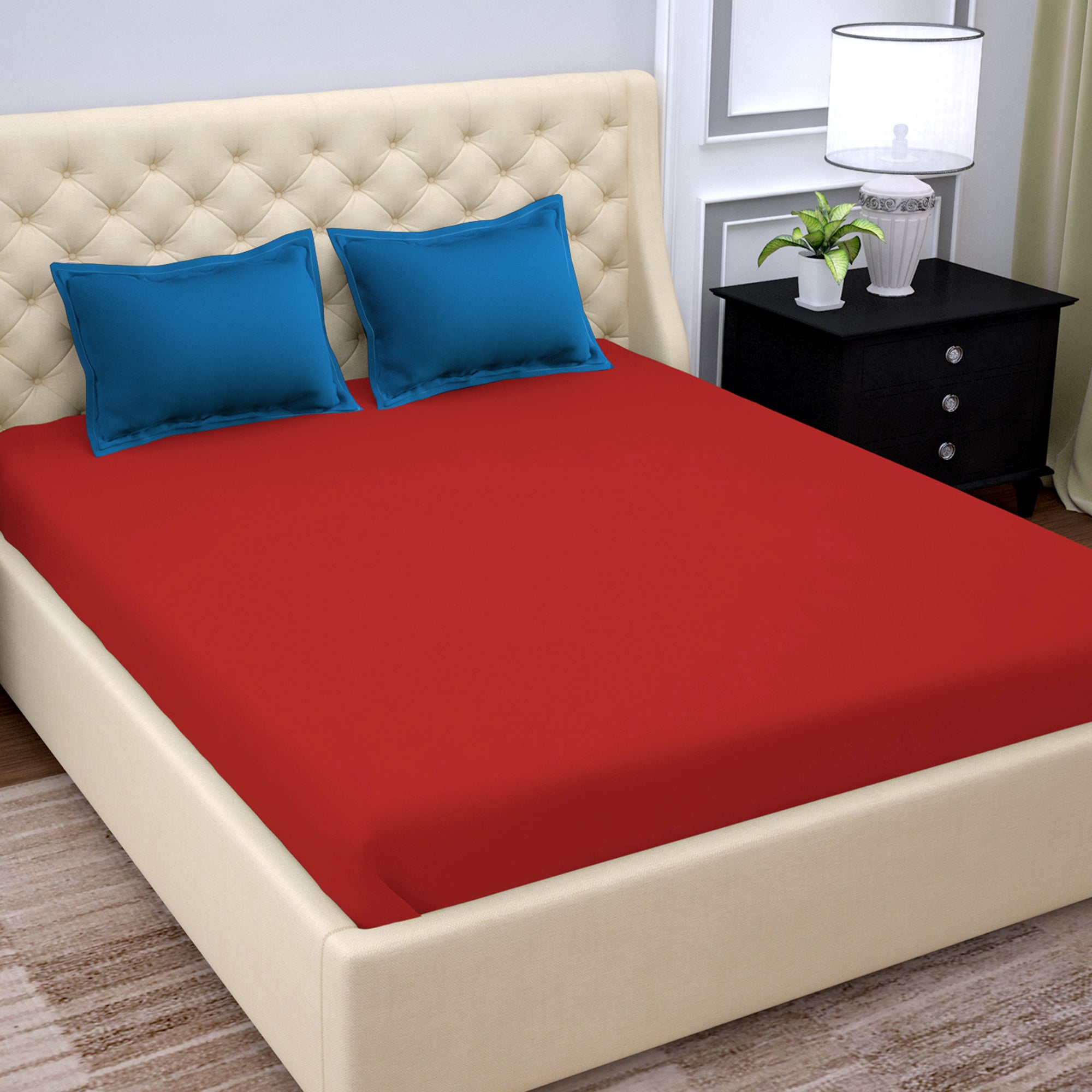 PAVO Tranquil Solid Luxurious King Bedsheet (Red and Blue)