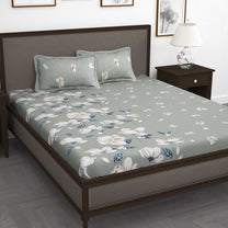 210 TC Grey Floral 1 King Size Bedsheet With 2 Pillow Cover