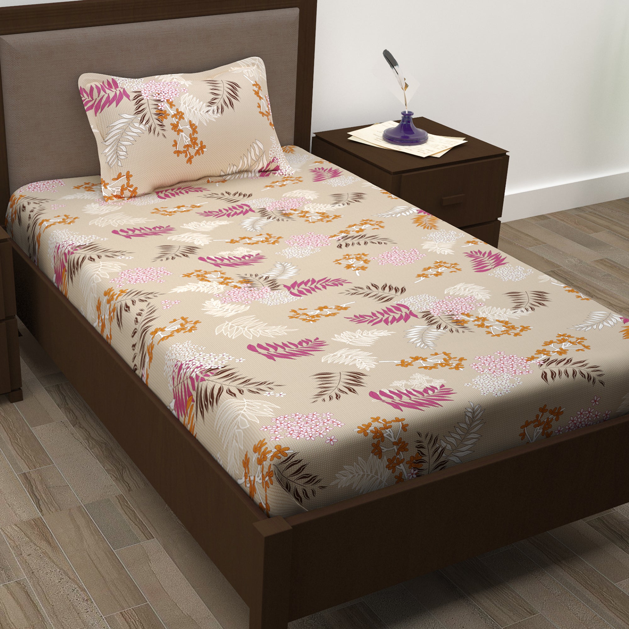 Story@Home 210 TC 100% Cotton Pink Peach Floral 2 Single Bedsheet Combo with 2 Pillow Covers