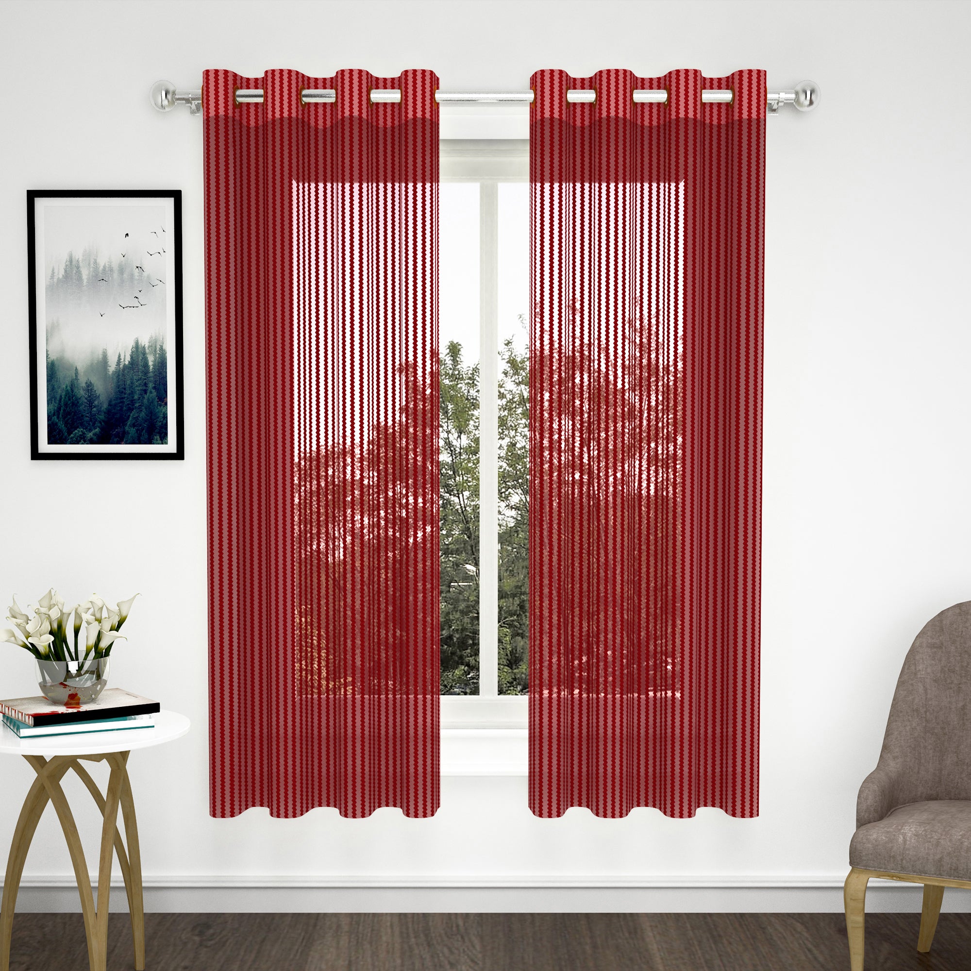 2 Pcs Maroon Sheer Net Polyester Window/Door Curtains