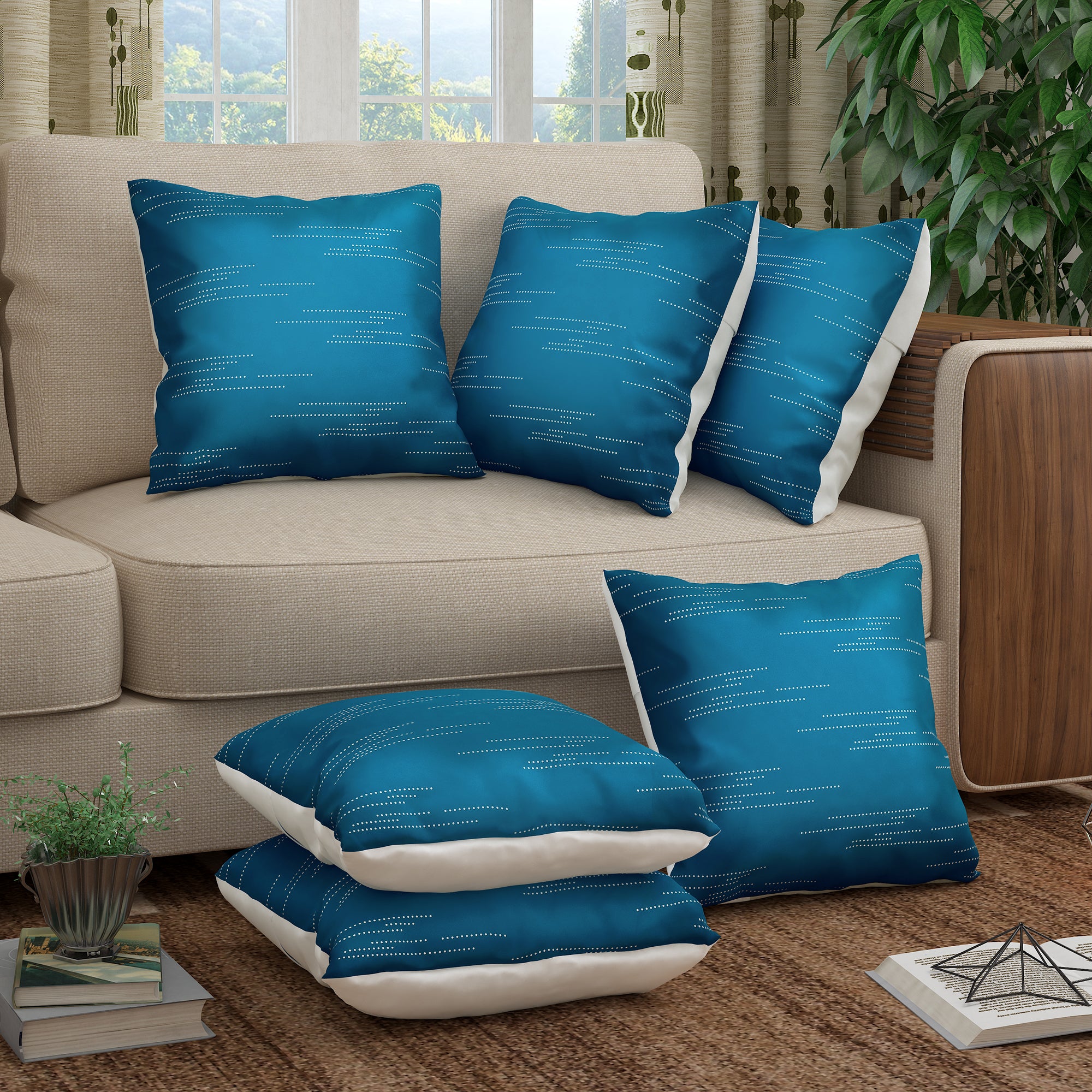Story@Home Cyan Blue Dotted Lines Polyester 6 pcs of Alegra Cushion Covers